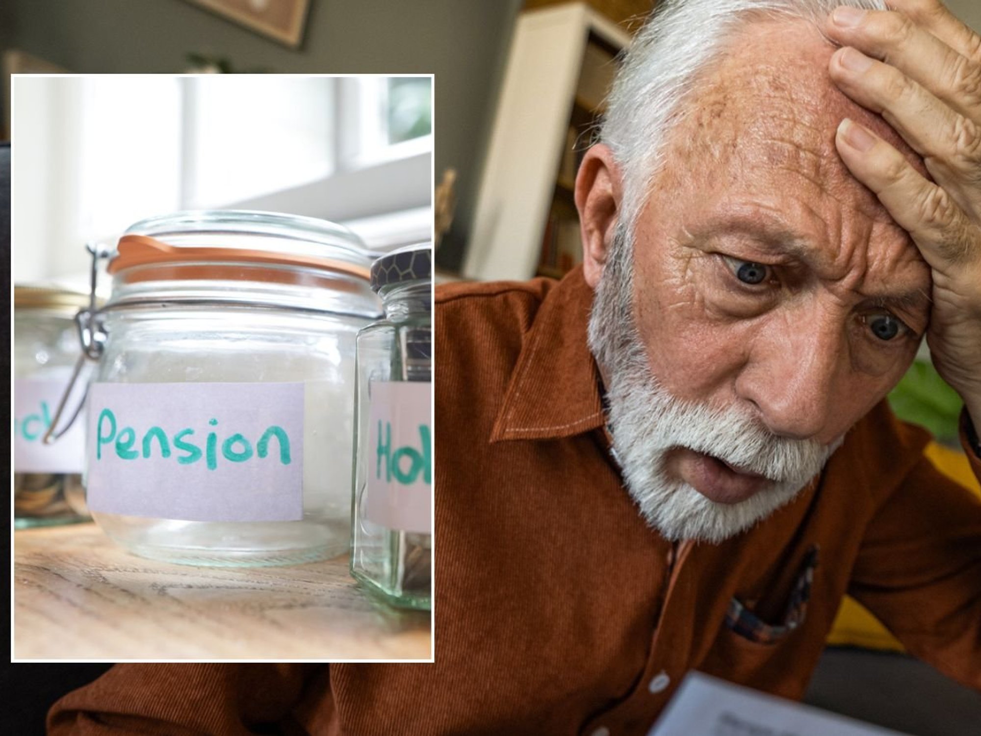 Man looking at letter and pension pot empty