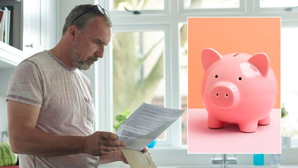 Man looking at letter and piggy bank