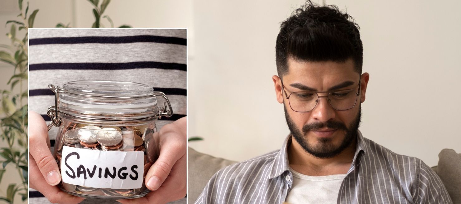 Man looking at letter and savings pot