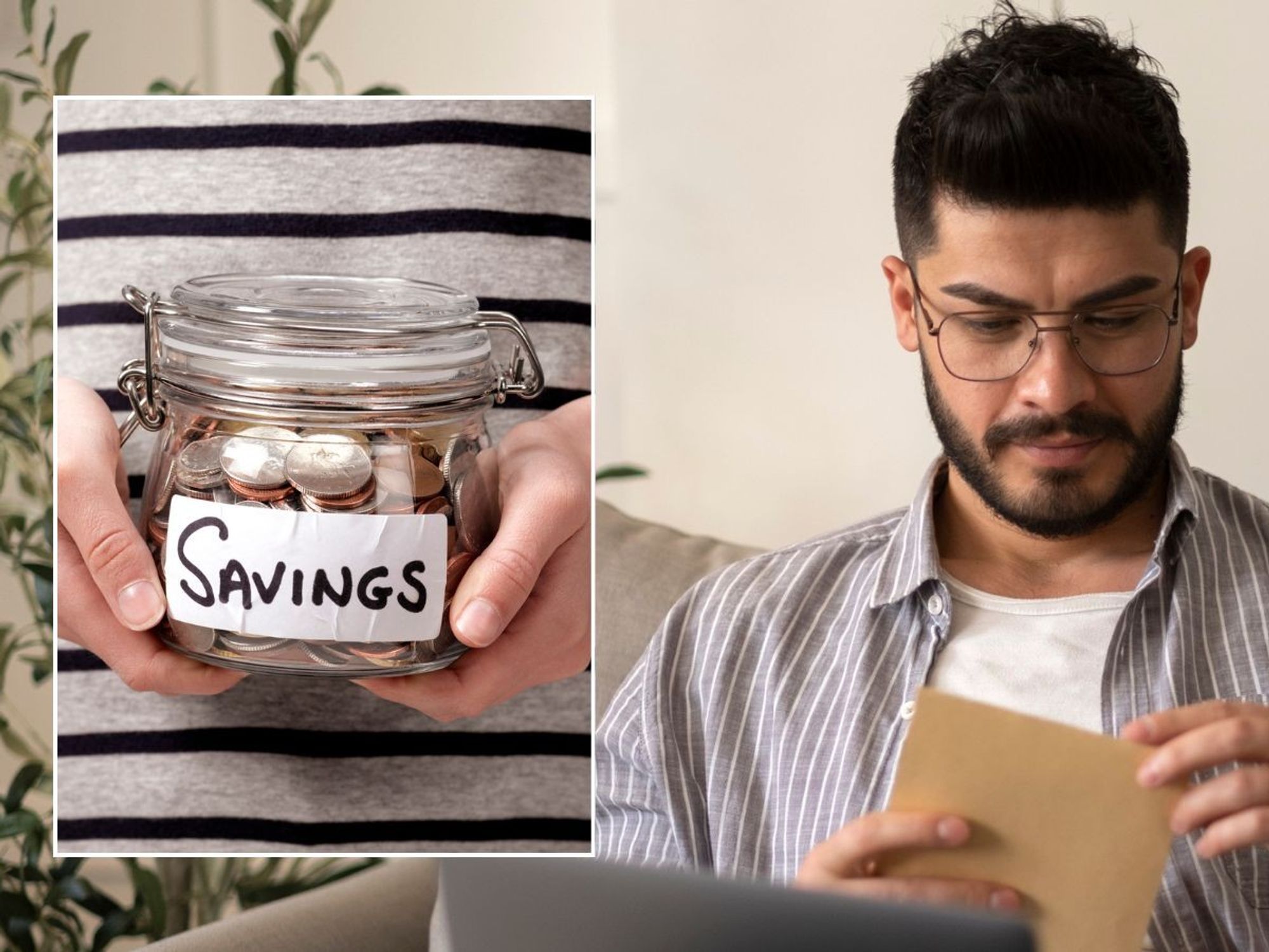 Man looking at letter and savings pot