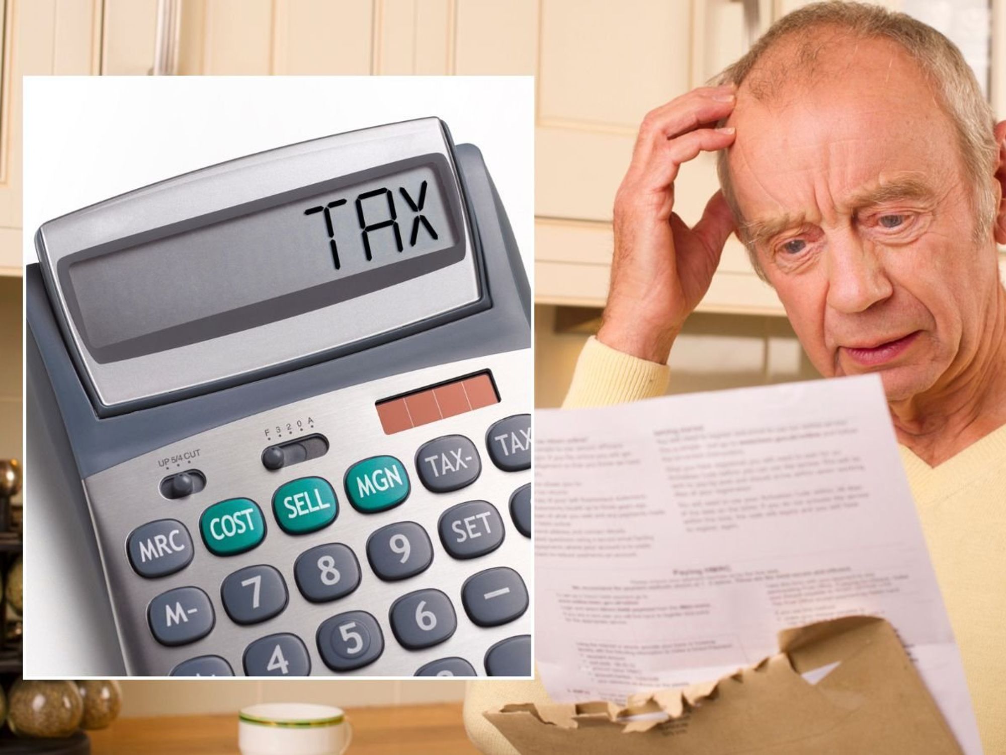 Man looking at letter and tax written on calculator