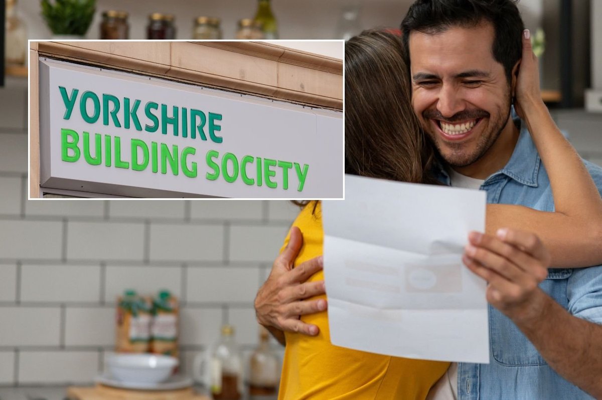Man looking at letter and Yorkshire Building Society branch