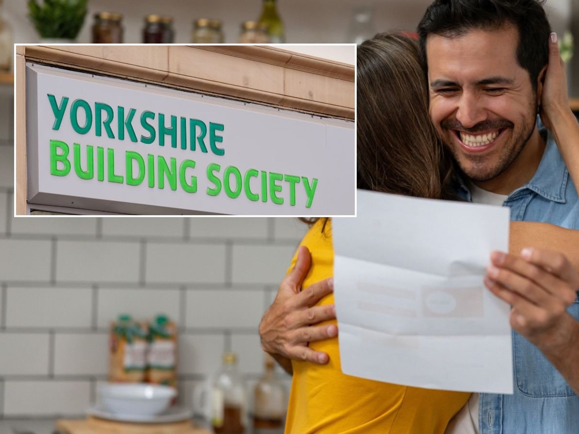 Man looking at letter and Yorkshire Building Society branch