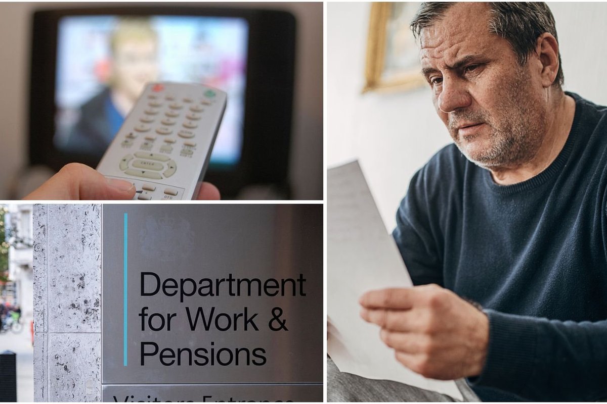 Man looking at letter, TV and DWP sign
