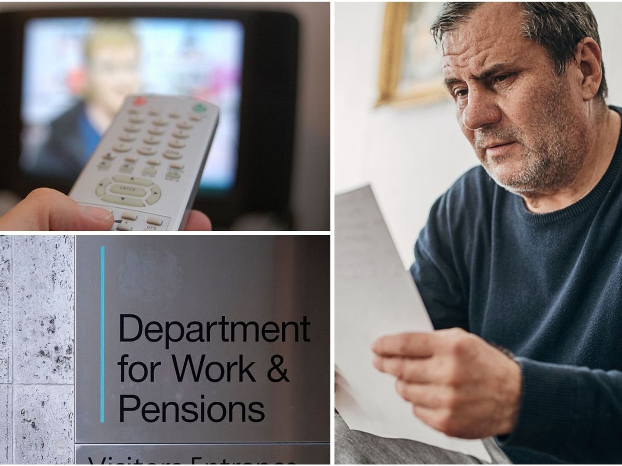 Man looking at letter, TV and DWP sign