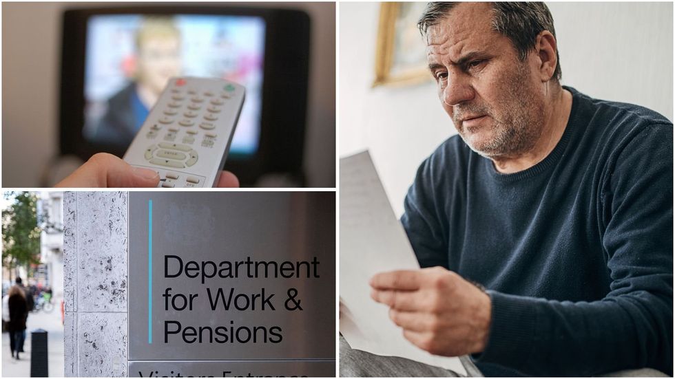 Man looking at letter, TV and DWP sign