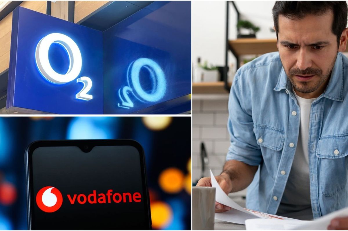 Man looking at letter, Vodafone phone and O2 sigh