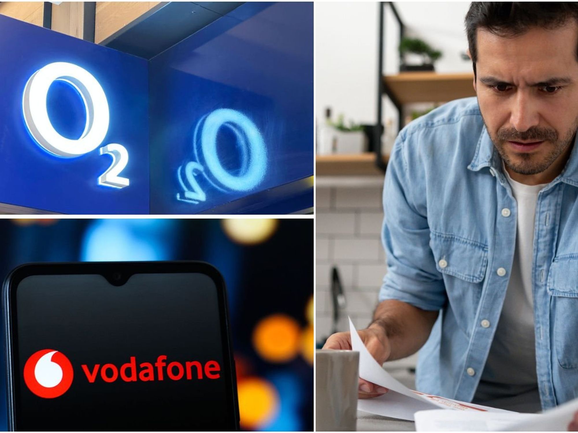Man looking at letter, Vodafone phone and O2 sigh