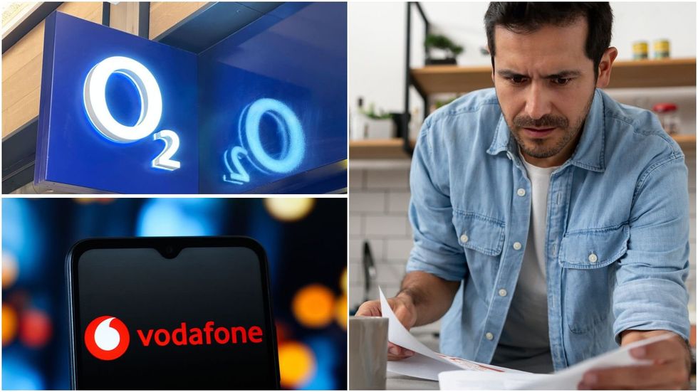 Man looking at letter, Vodafone phone and O2 sigh