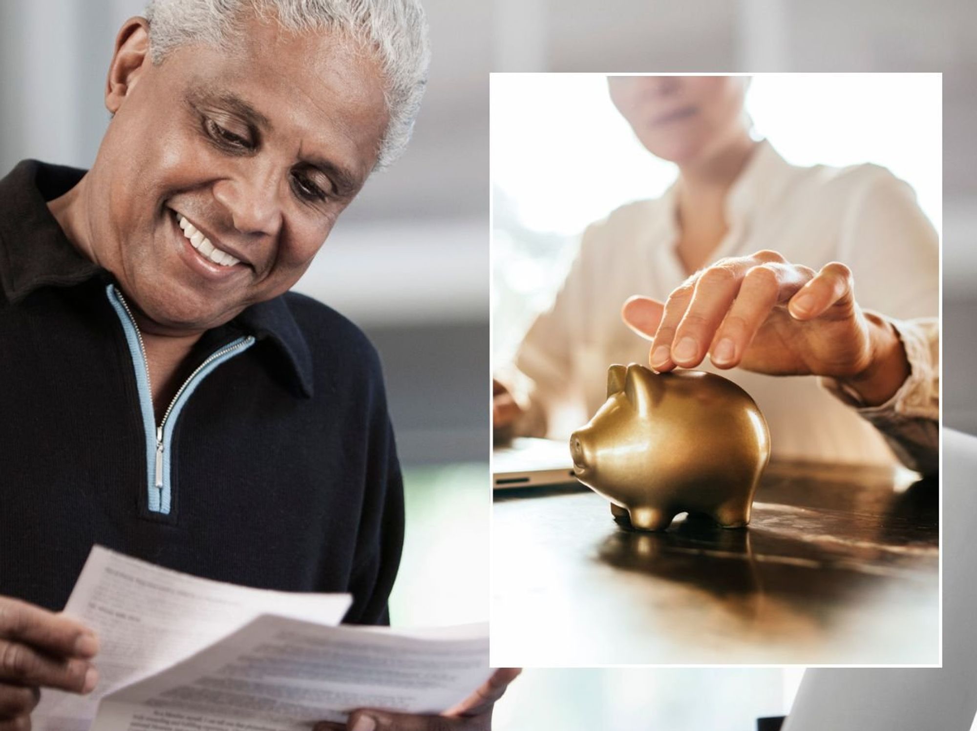 Man looking at letter, woman touching piggy bank
