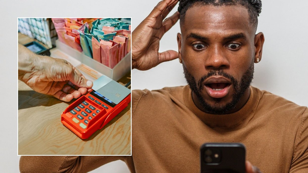 Man looking at phone and contactless card payment