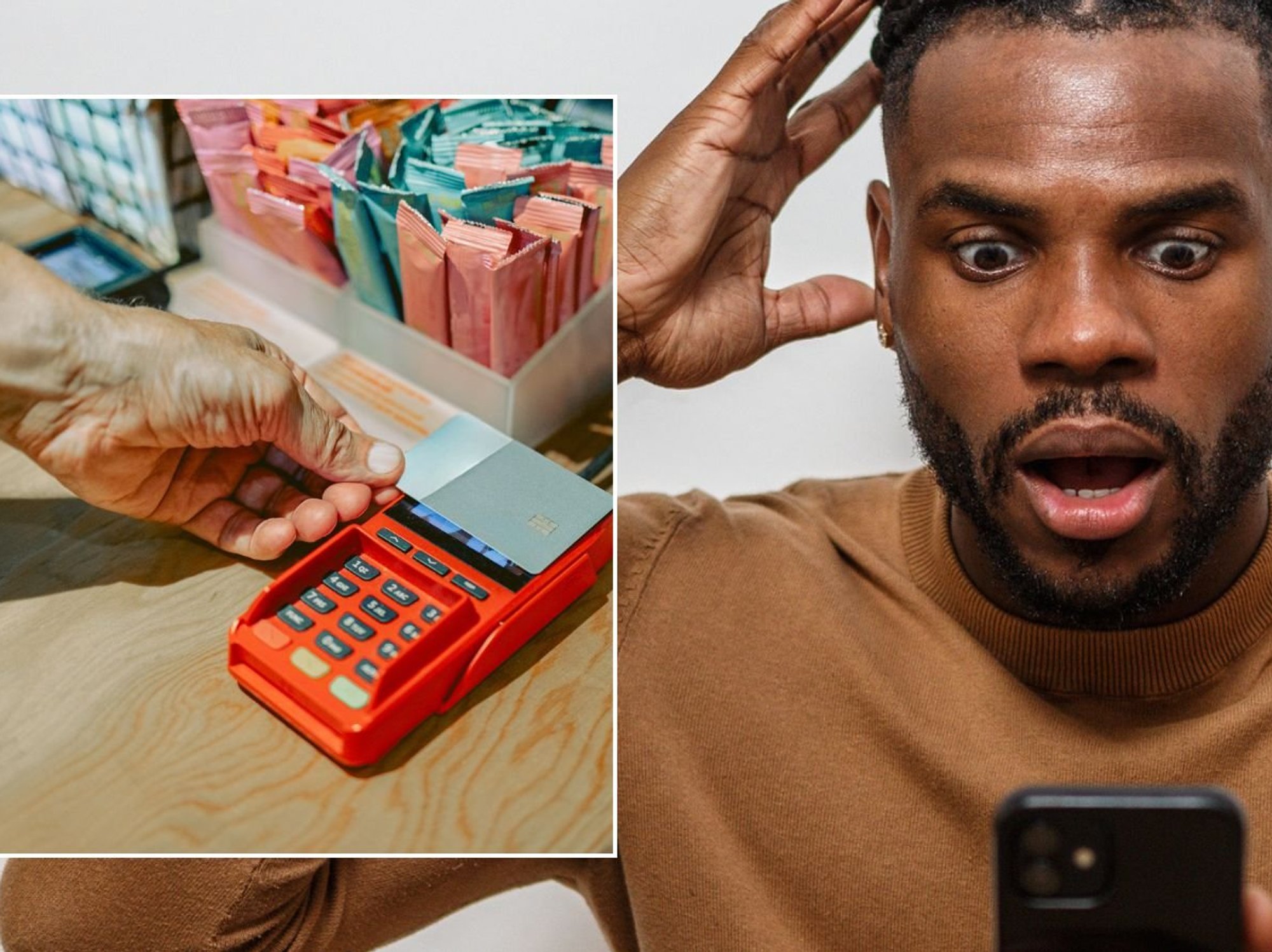 Man looking at phone and contactless card payment