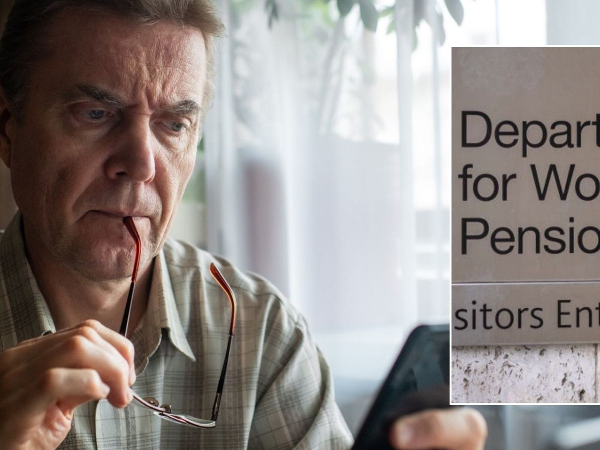 Man looking at phone and DWP sign