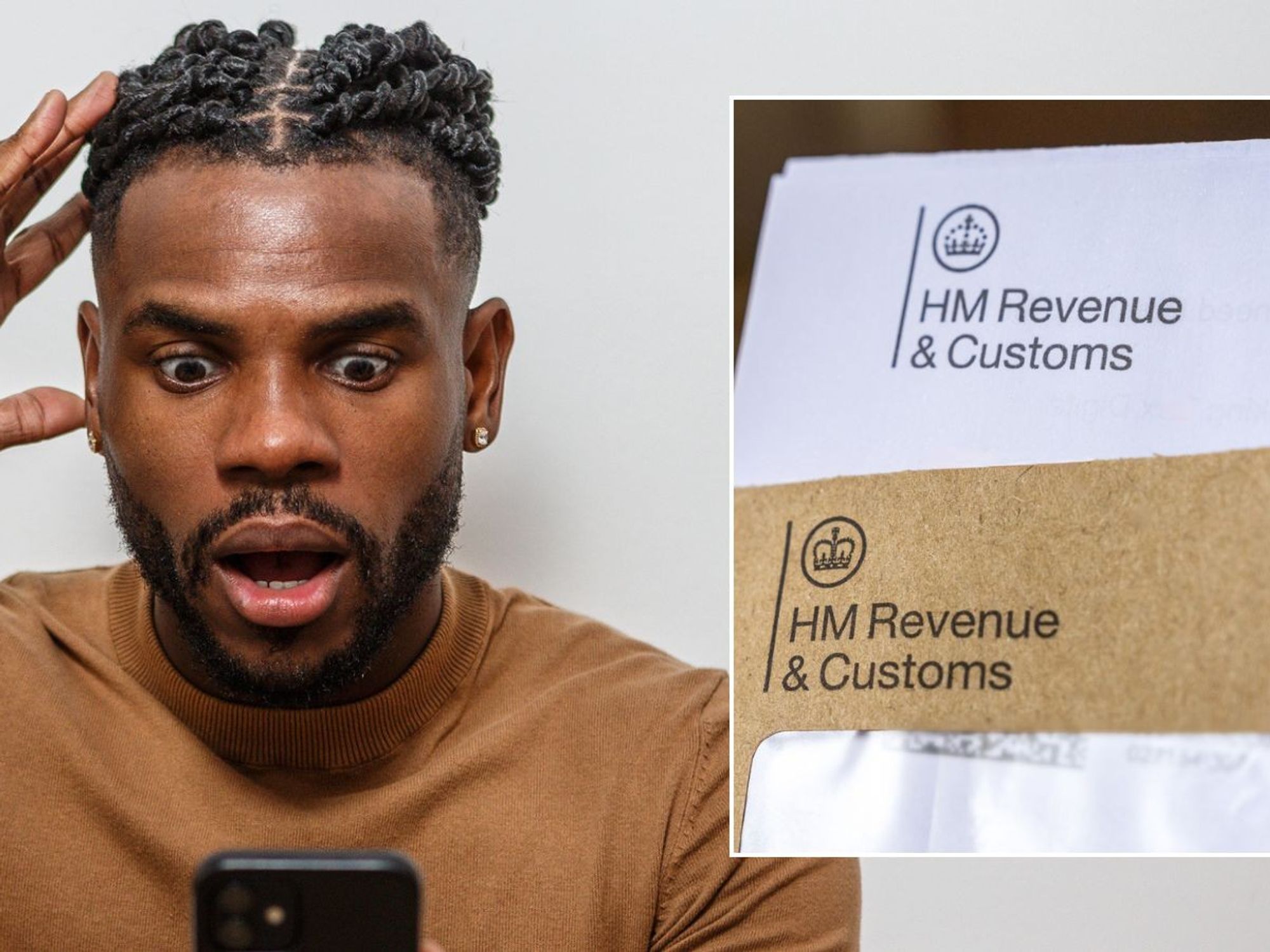 Man looking at phone and HMRC letter