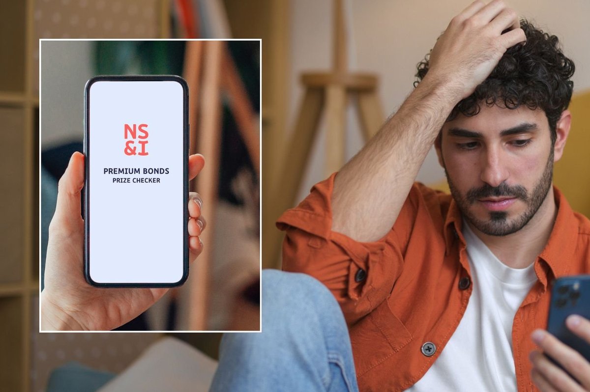 Man looking at phone and Premium Bonds checker