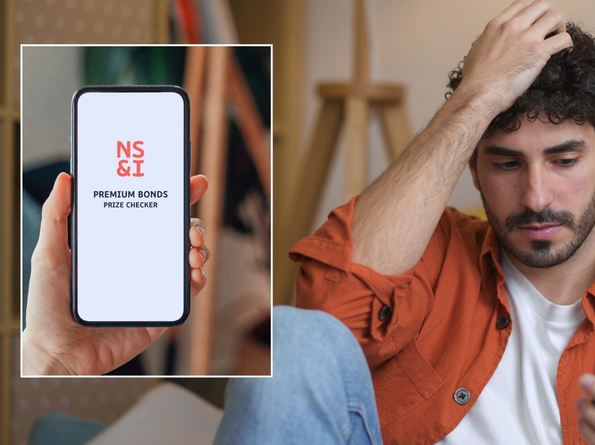 Man looking at phone and Premium Bonds checker