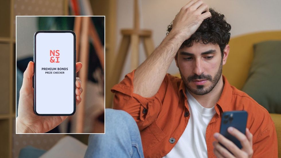 Man looking at phone and Premium Bonds checker