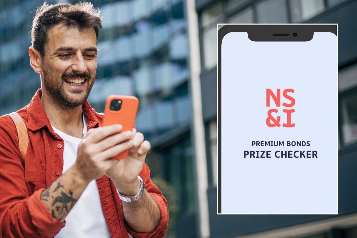Man looking at phone and Premium Bonds prize checker