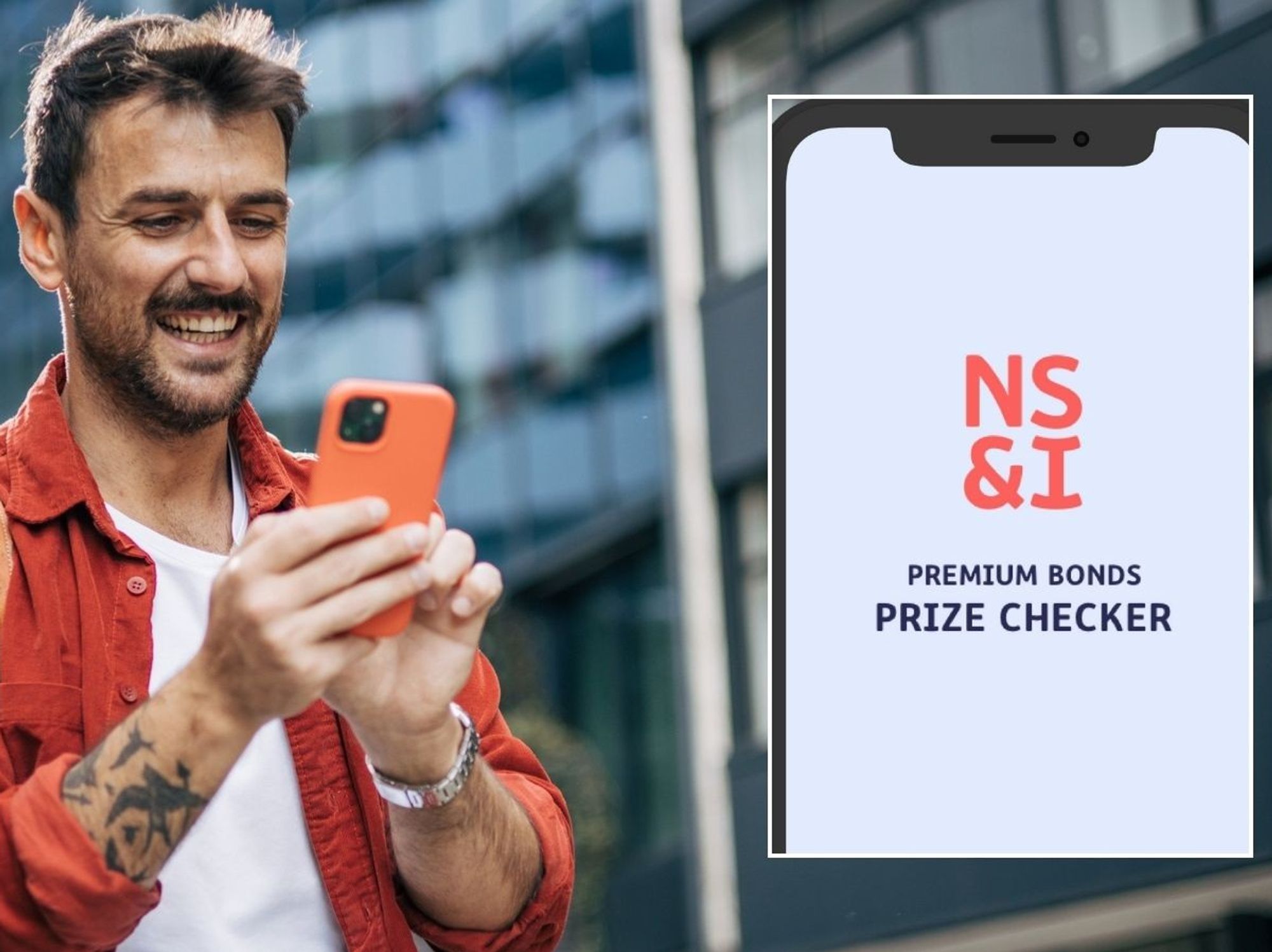 Man looking at phone and Premium Bonds prize checker