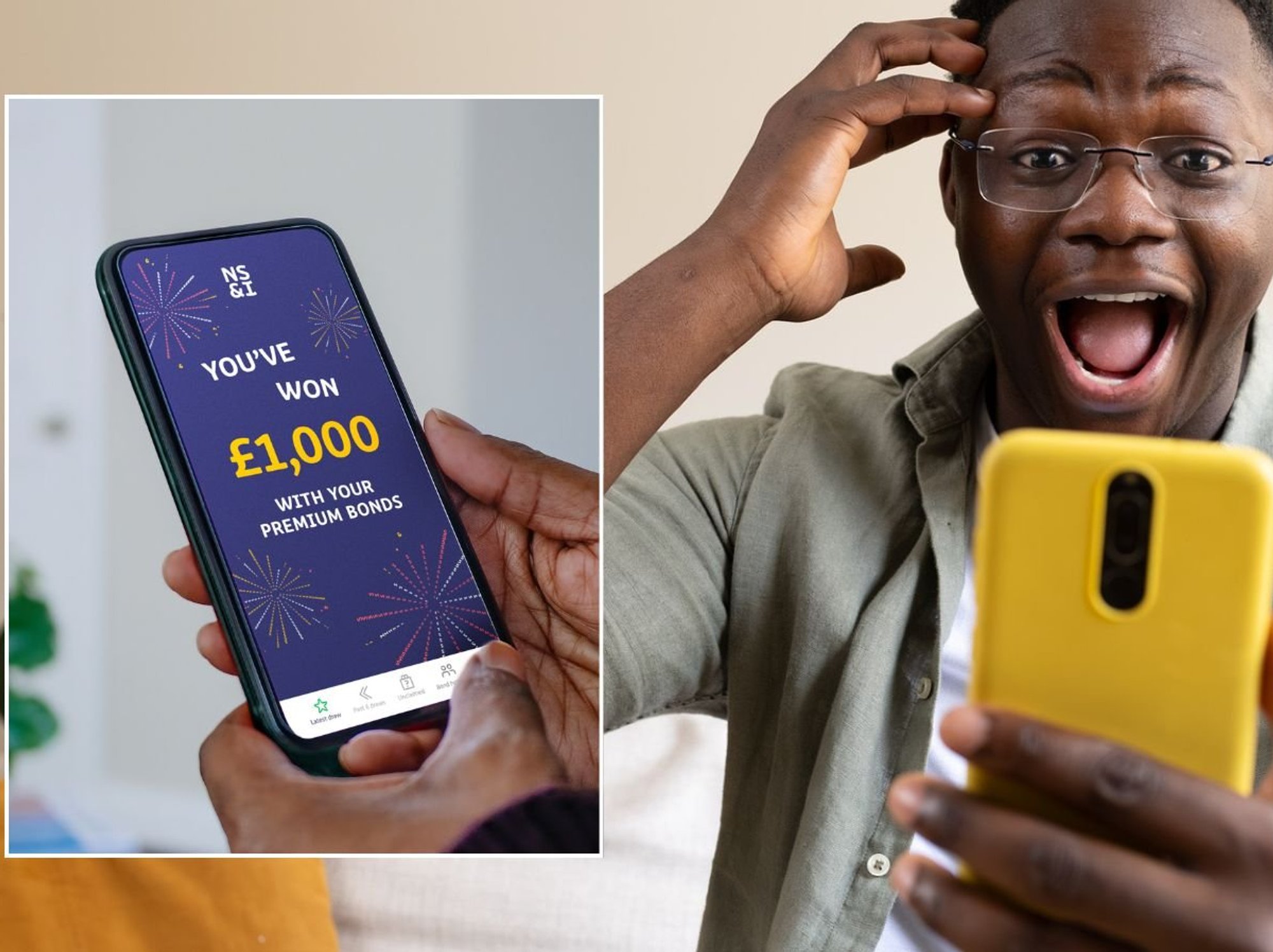 Man looking at phone and Premium Bonds prize winner