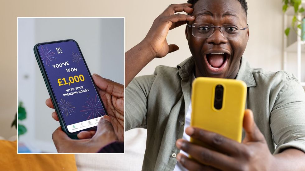 Man looking at phone and Premium Bonds prize winner