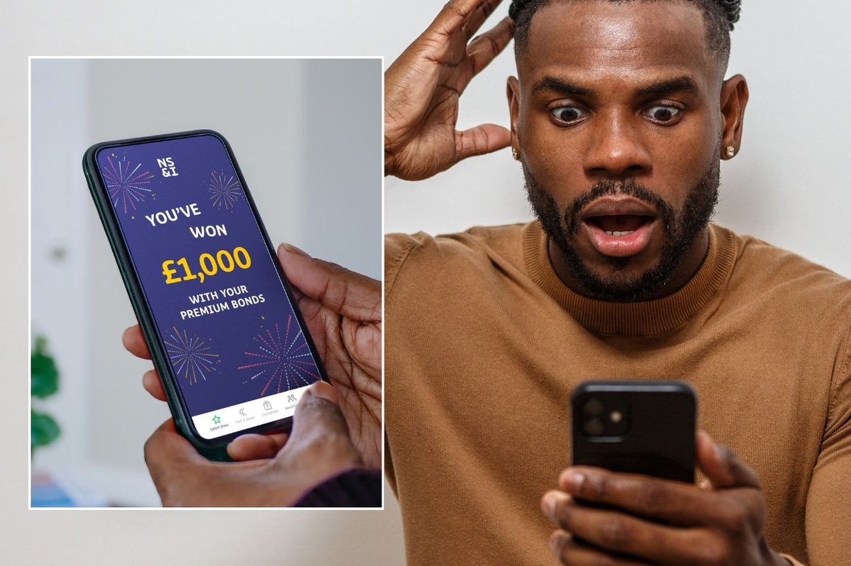 Man looking at phone and Premium Bonds prize winner