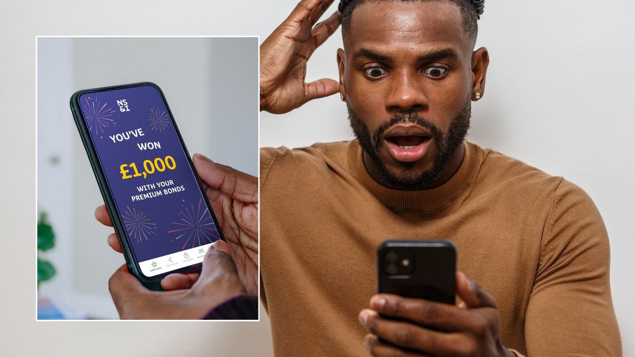 Man looking at phone and Premium Bonds prize winner