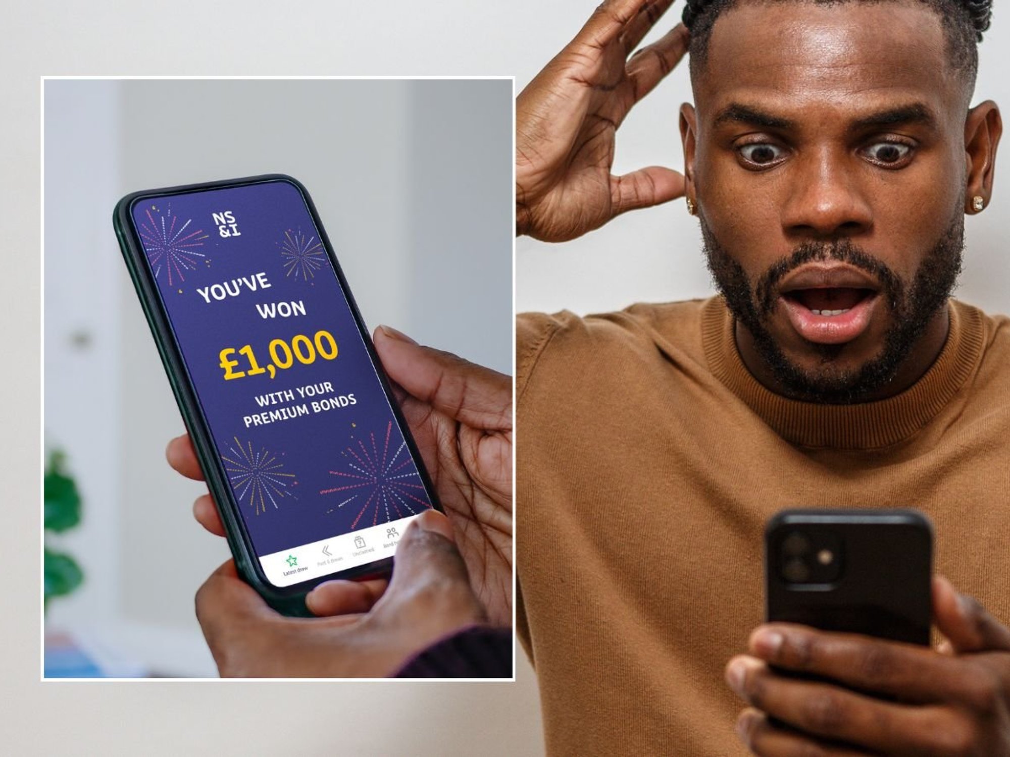 Man looking at phone and Premium Bonds prize winner