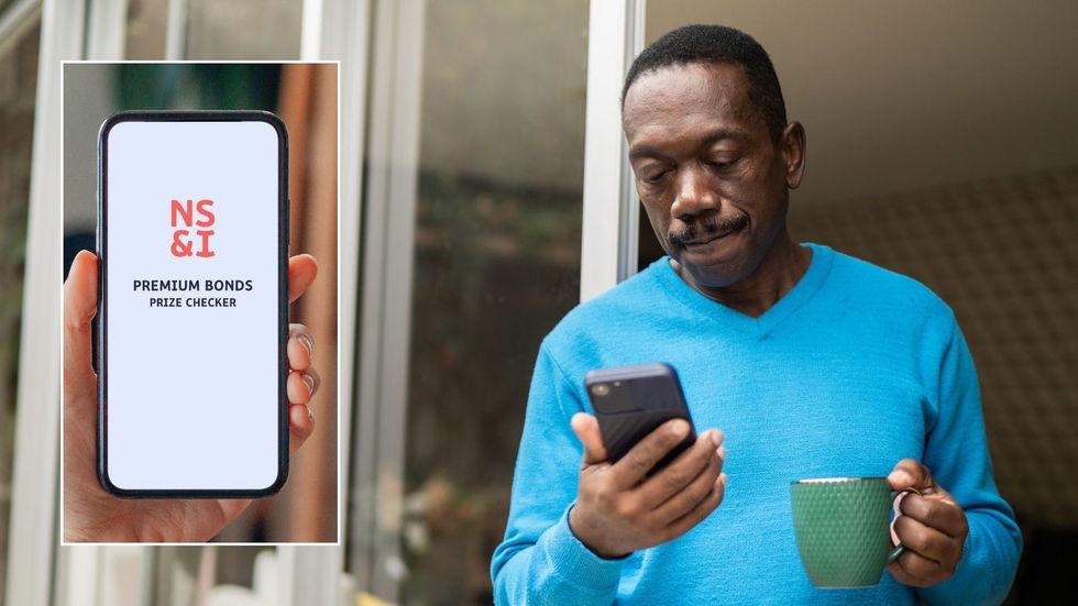 Man looking at phone and Premium Bonds