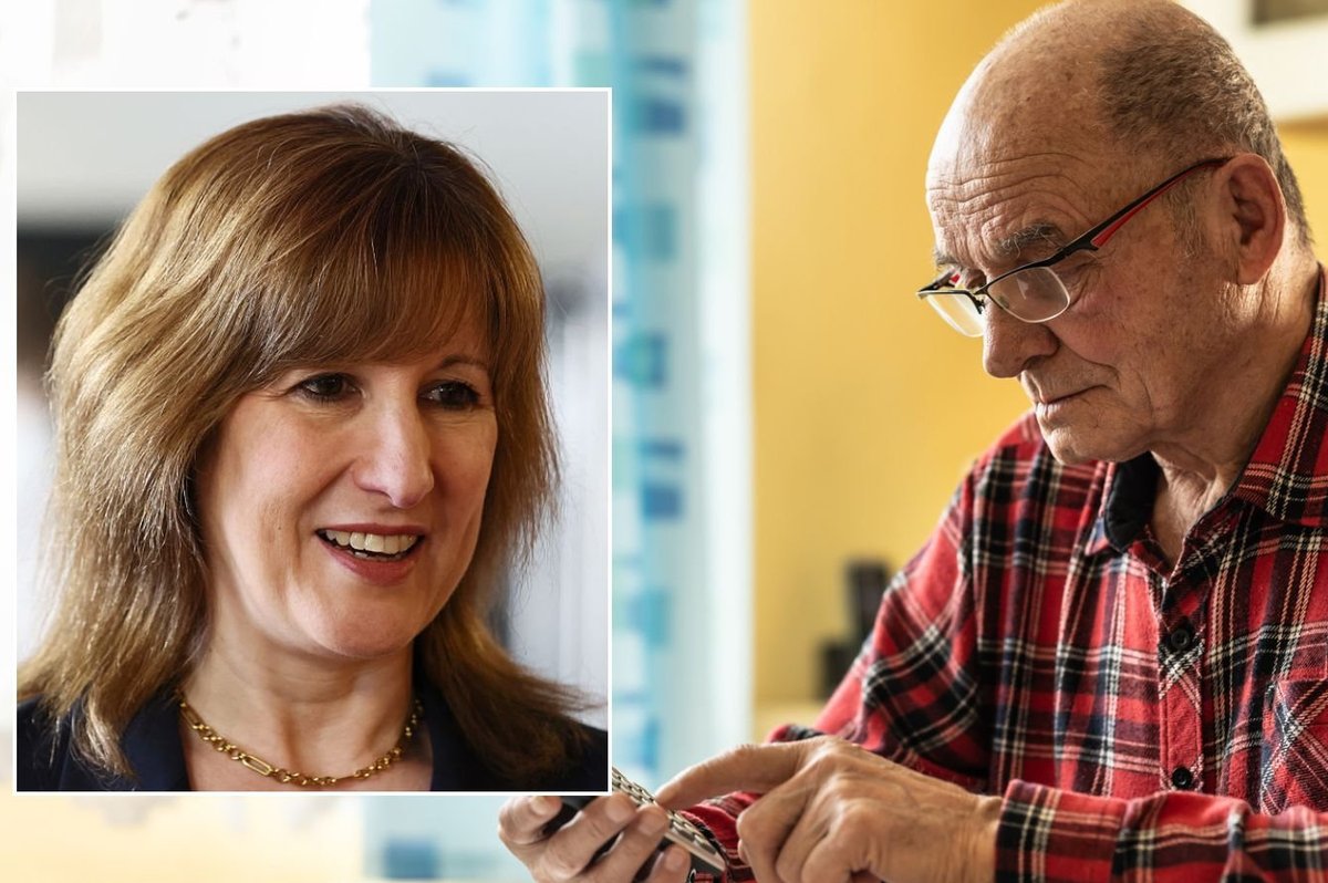 Man looking at phone and Rachel Reeves