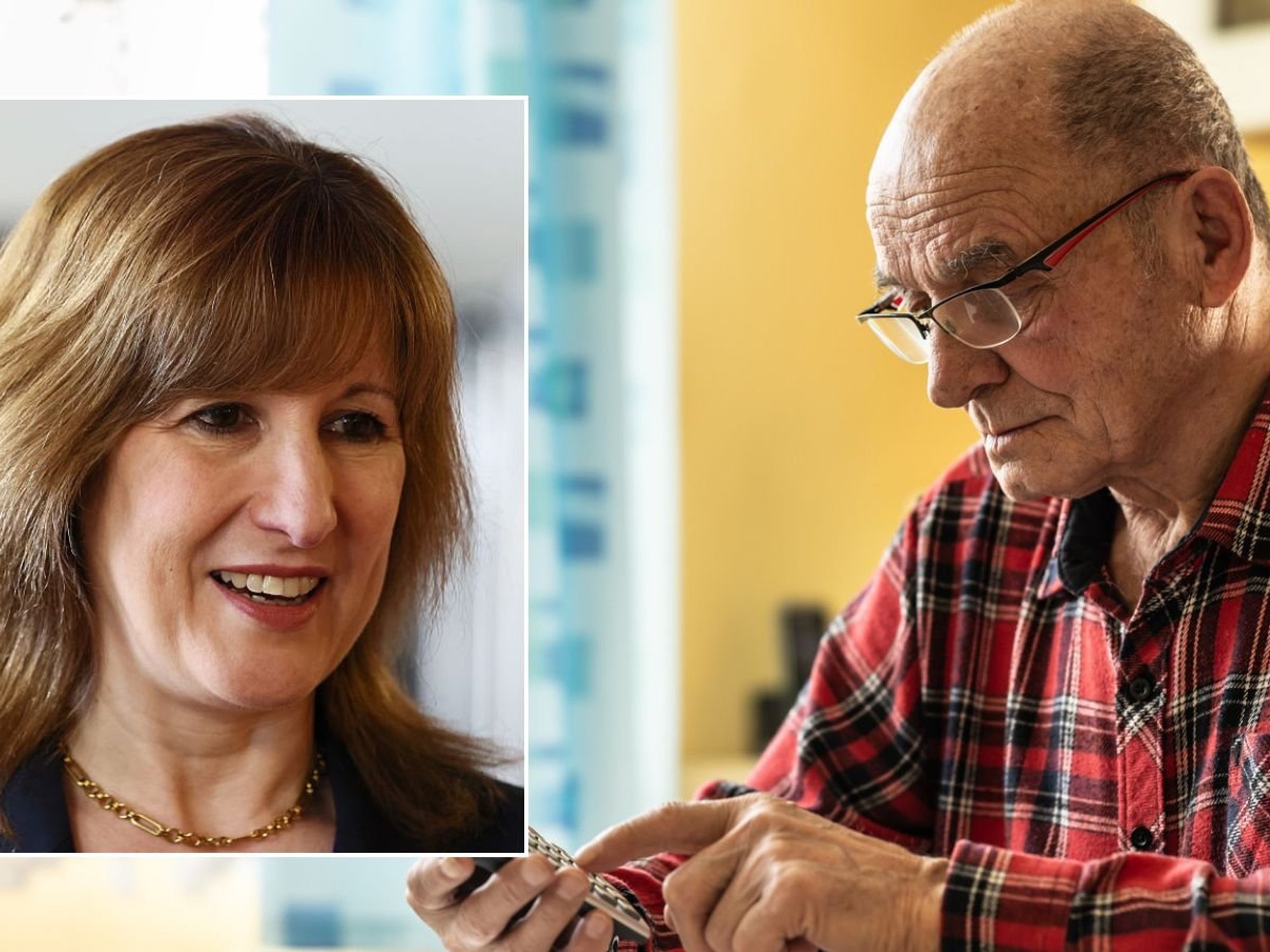 Man looking at phone and Rachel Reeves