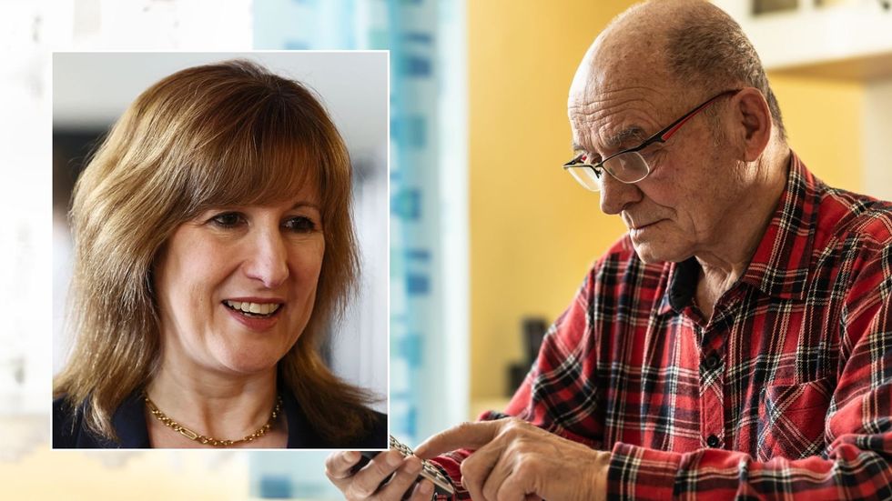 Man looking at phone and Rachel Reeves