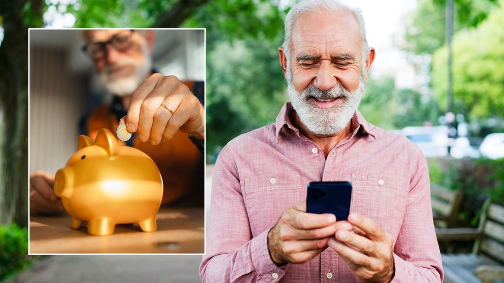 Man looking at phone and saving money