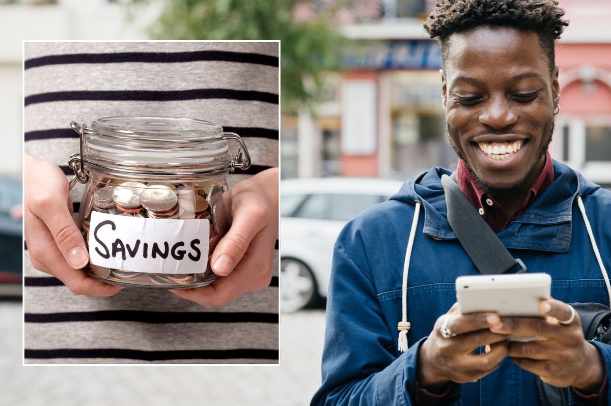 Man looking at phone and savings pot