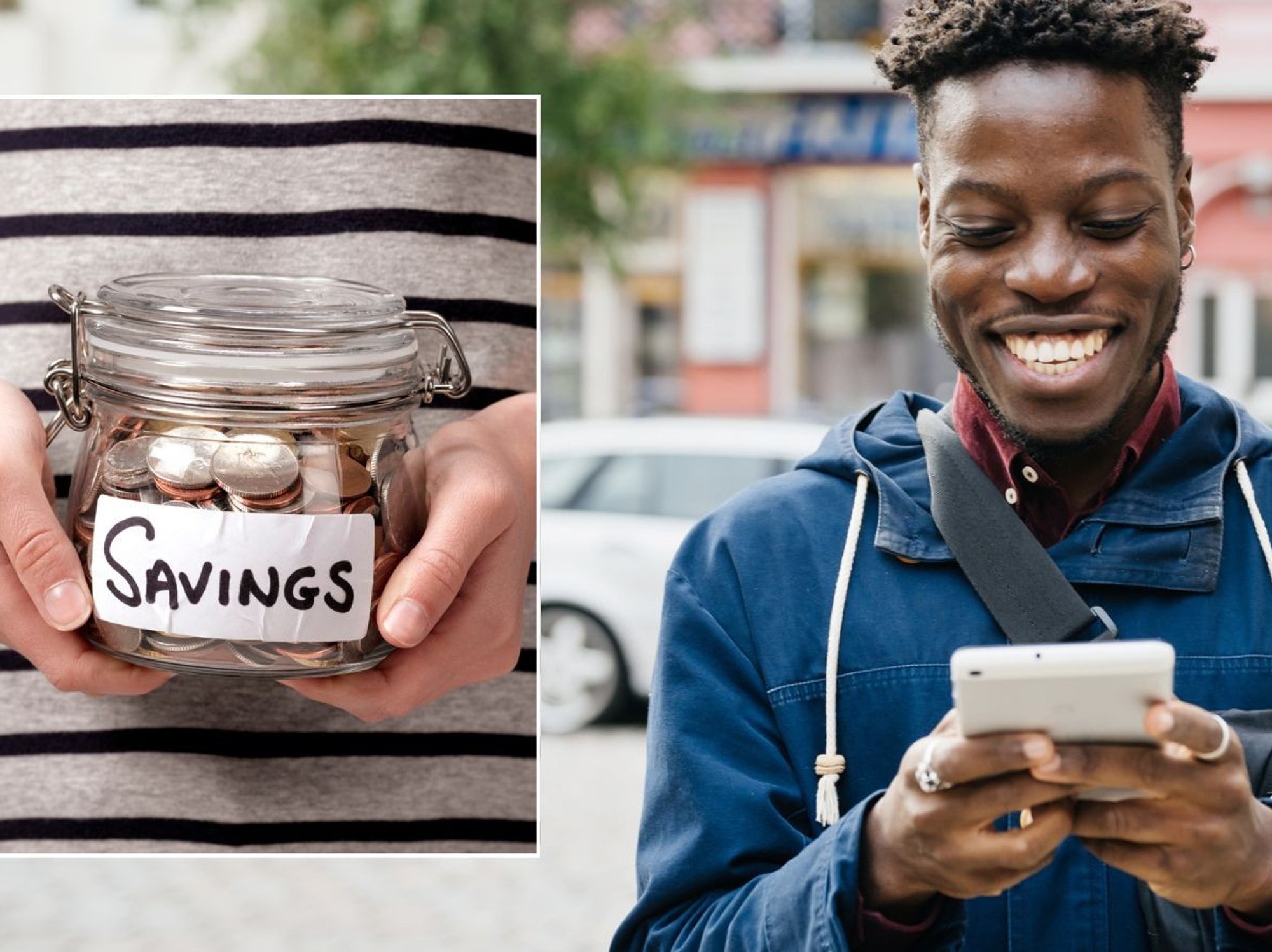 Man looking at phone and savings pot