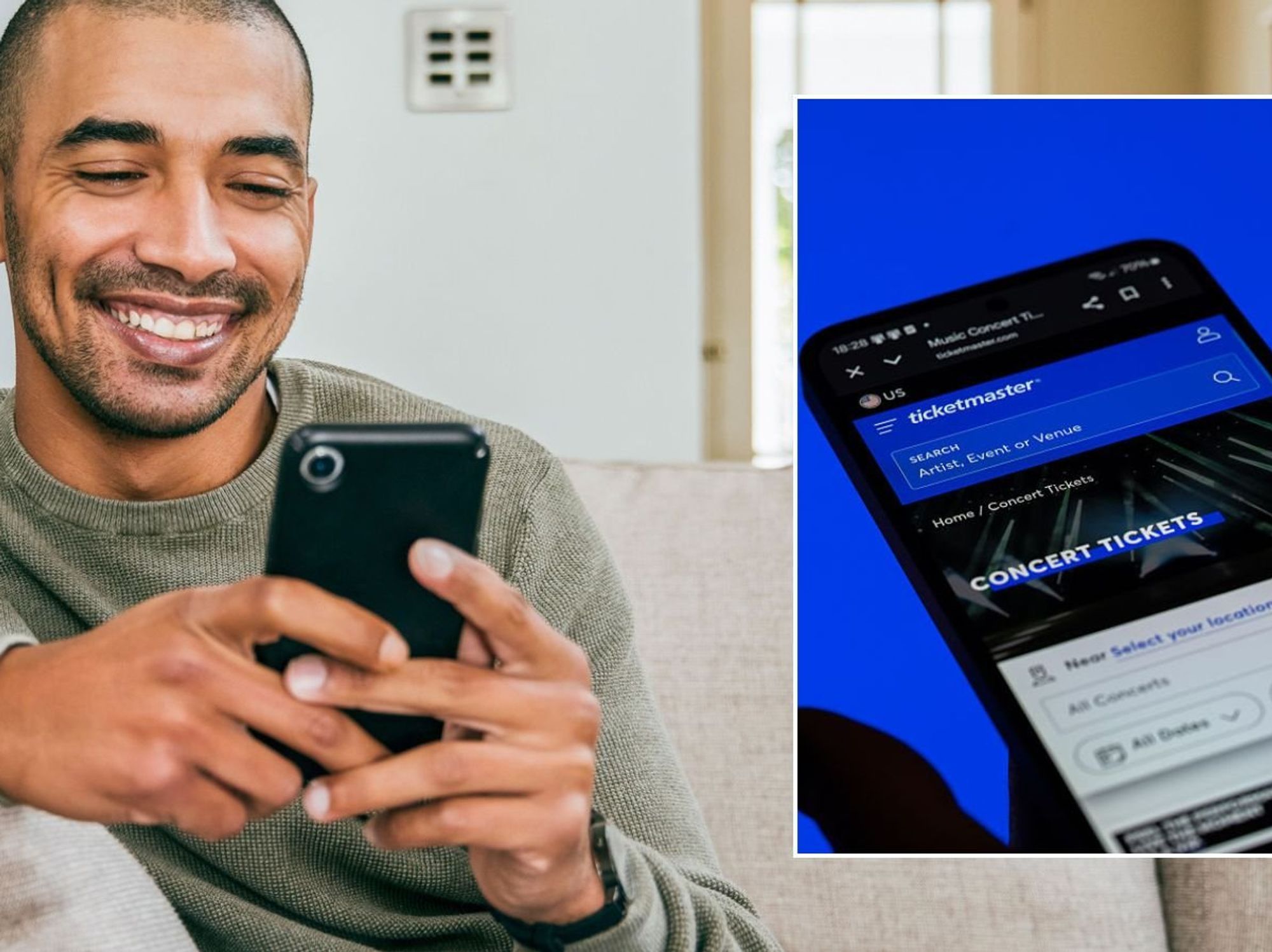 Man looking at phone and Ticketmaster app