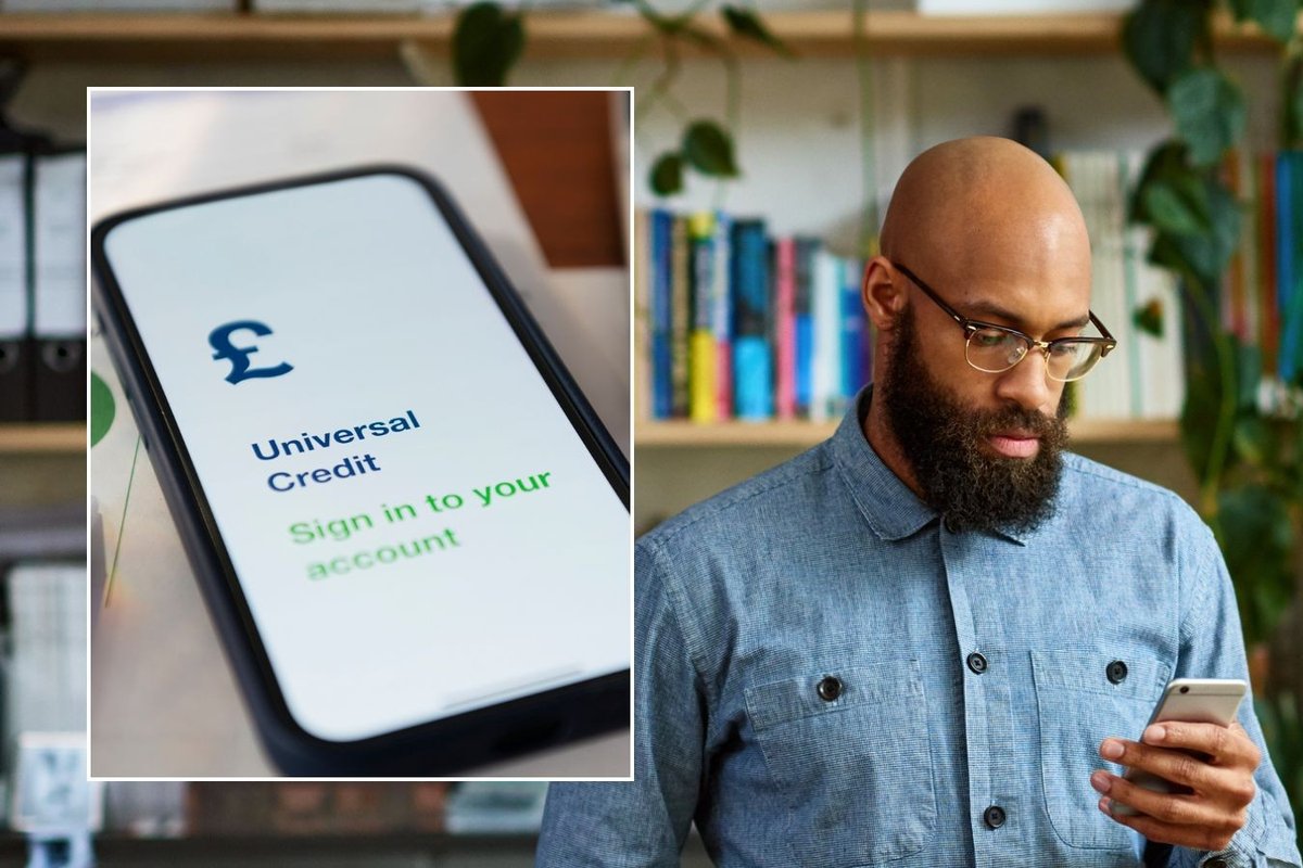 Man looking at phone and Universal Credit sign