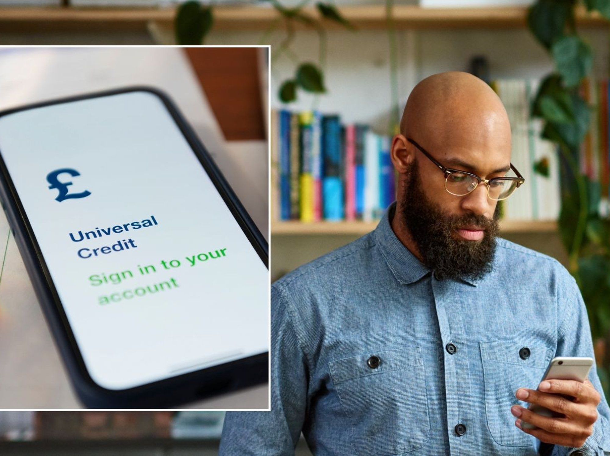 Man looking at phone and Universal Credit sign