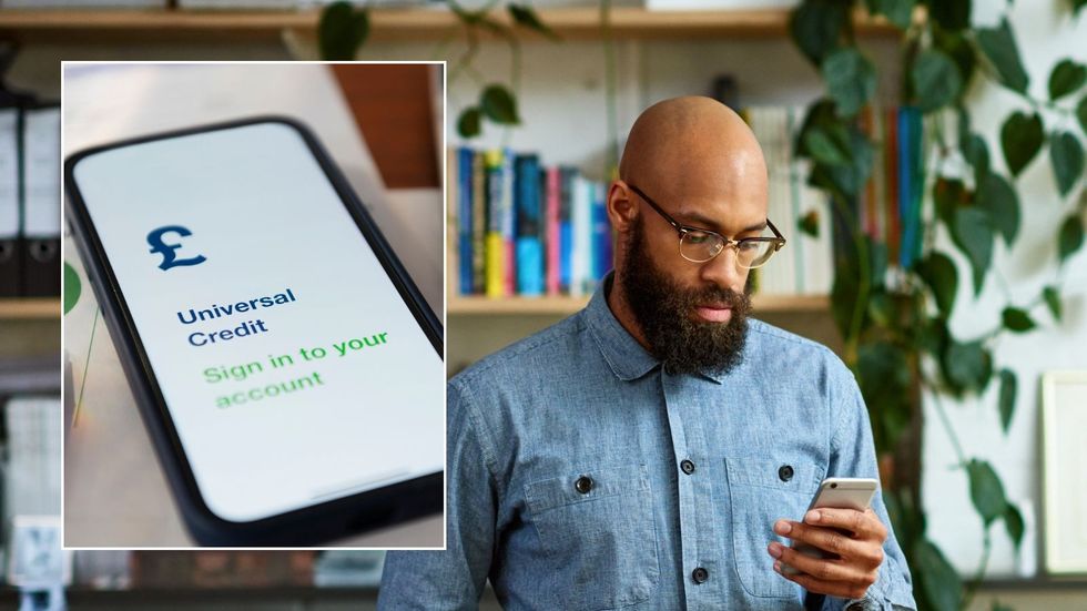 Man looking at phone and Universal Credit sign