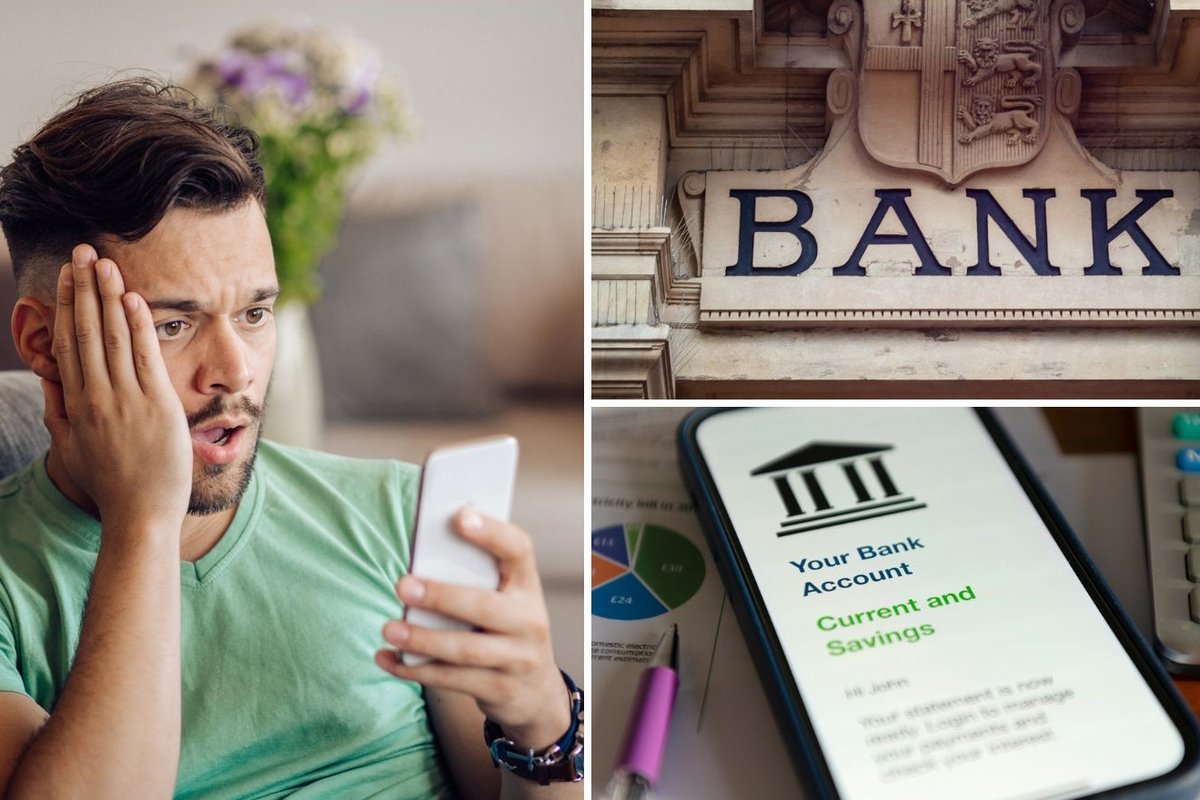 Man looking at phone, bank and bank account on phone