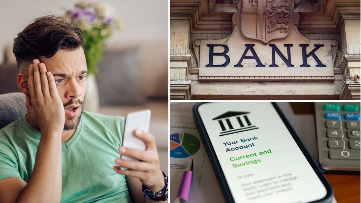 Man looking at phone, bank and bank account on phone