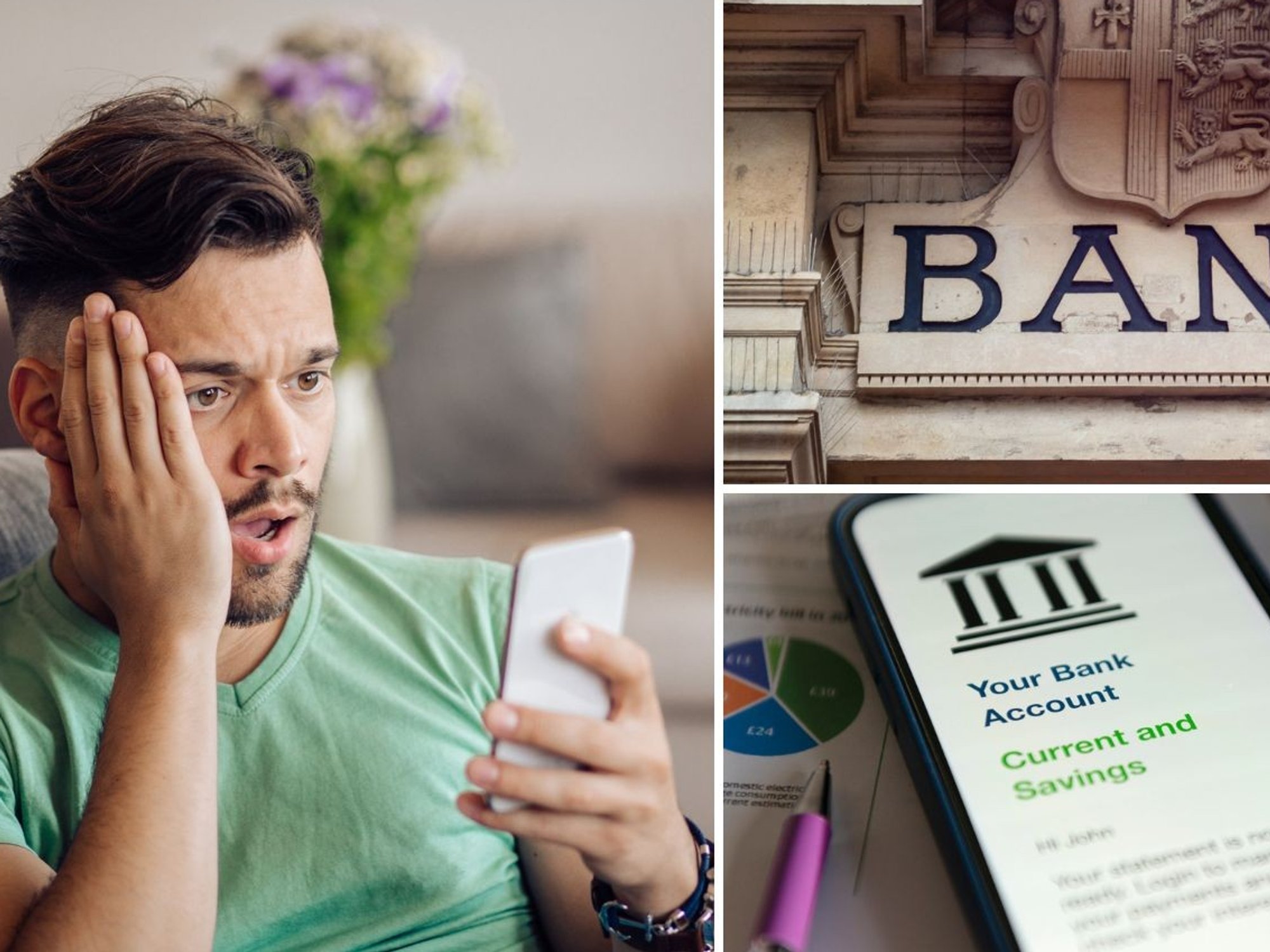 Man looking at phone, bank and bank account on phone