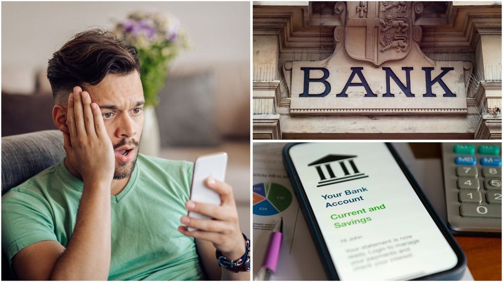 Man looking at phone, bank and bank account on phone
