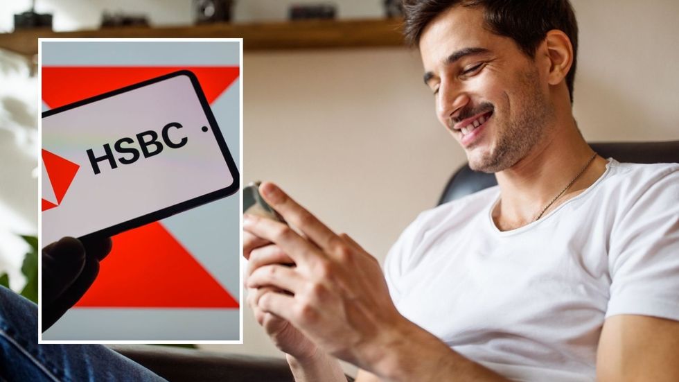 Man looking at phone happy and HSBC logo