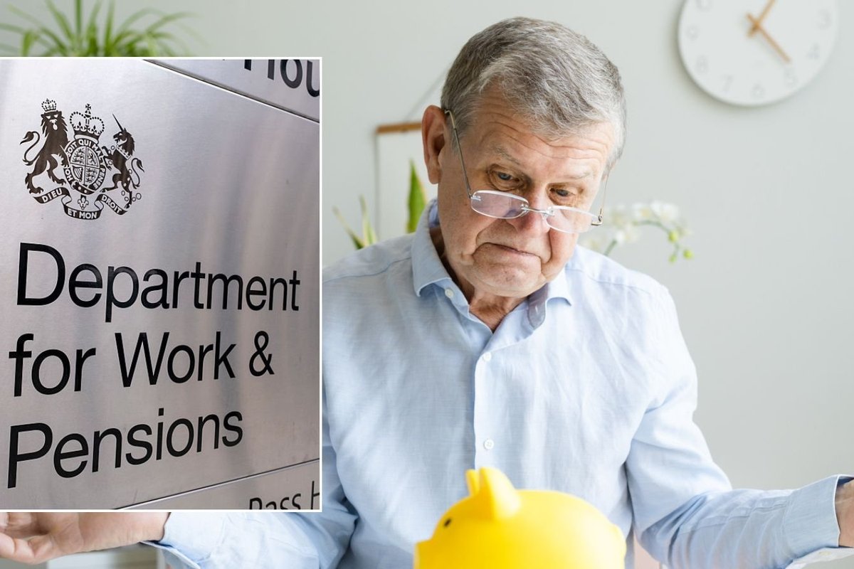 Man looking at piggy bank and DWP sign
