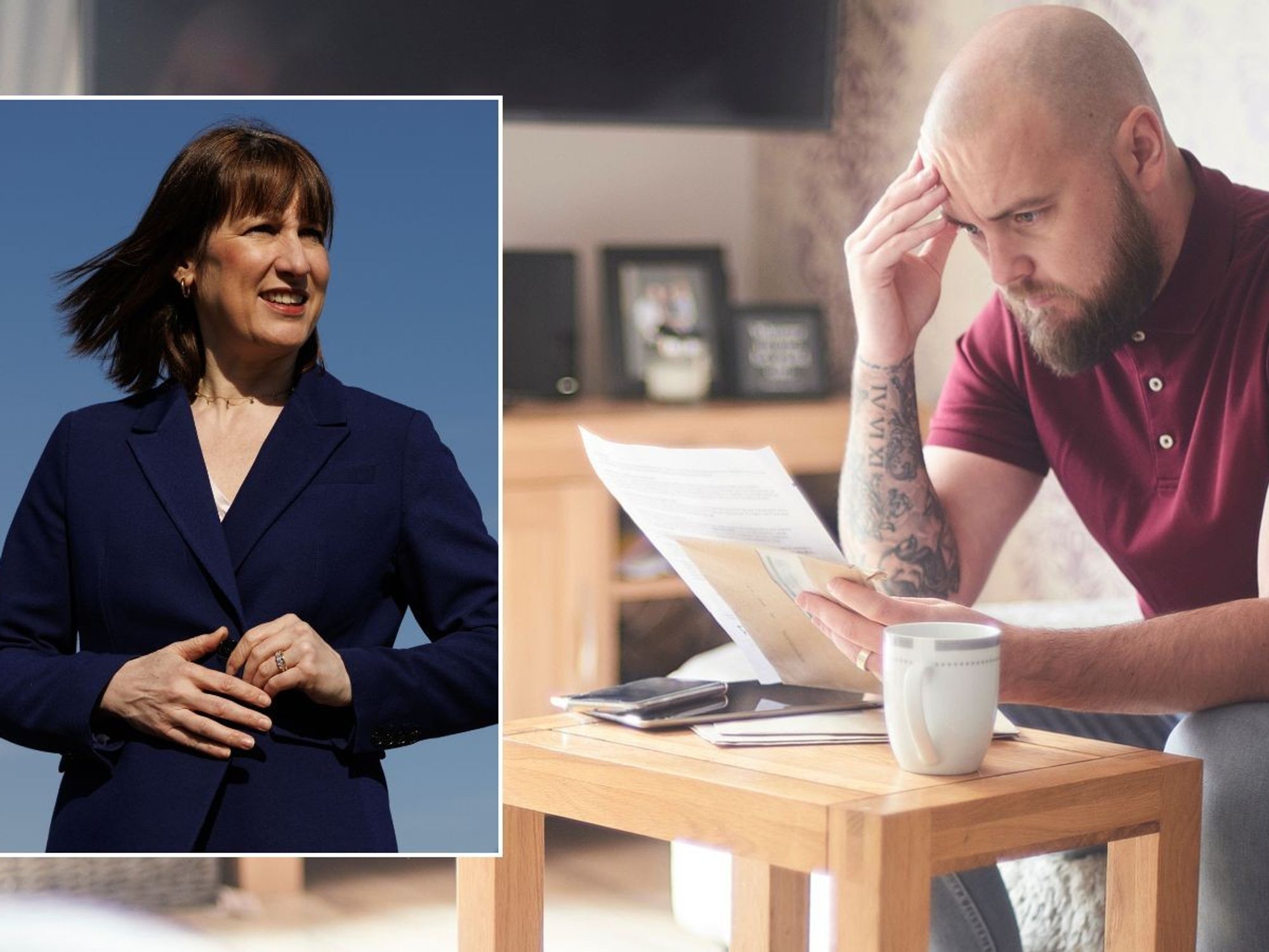 Man looking at tax form and Rachel Reeves