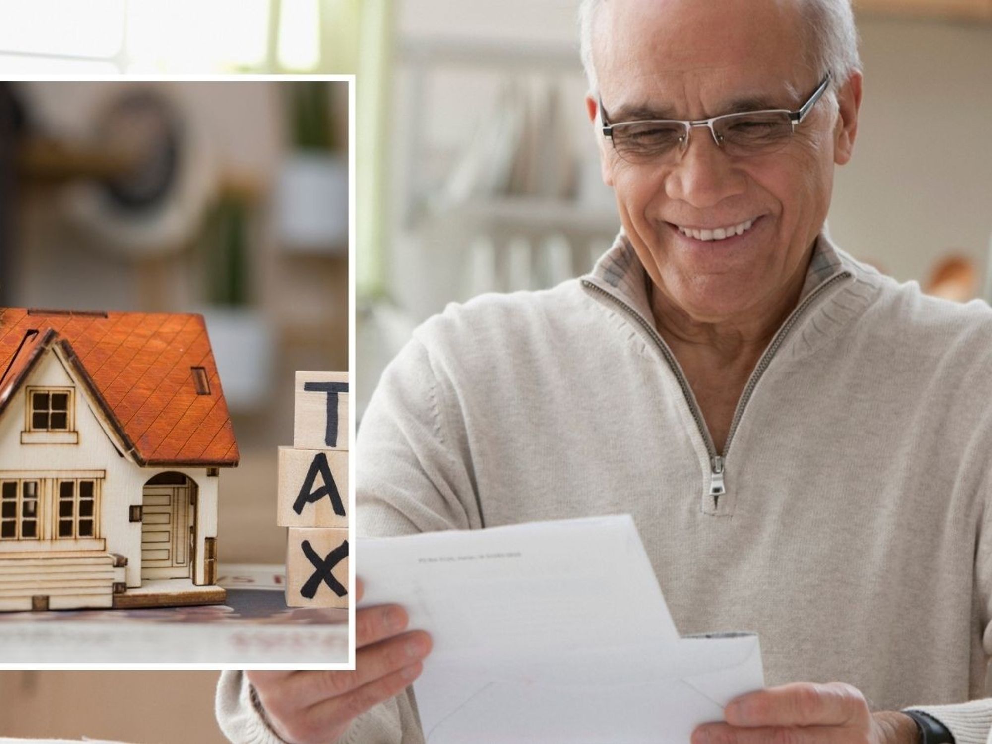 Man looking happy at financial statement and tax sign