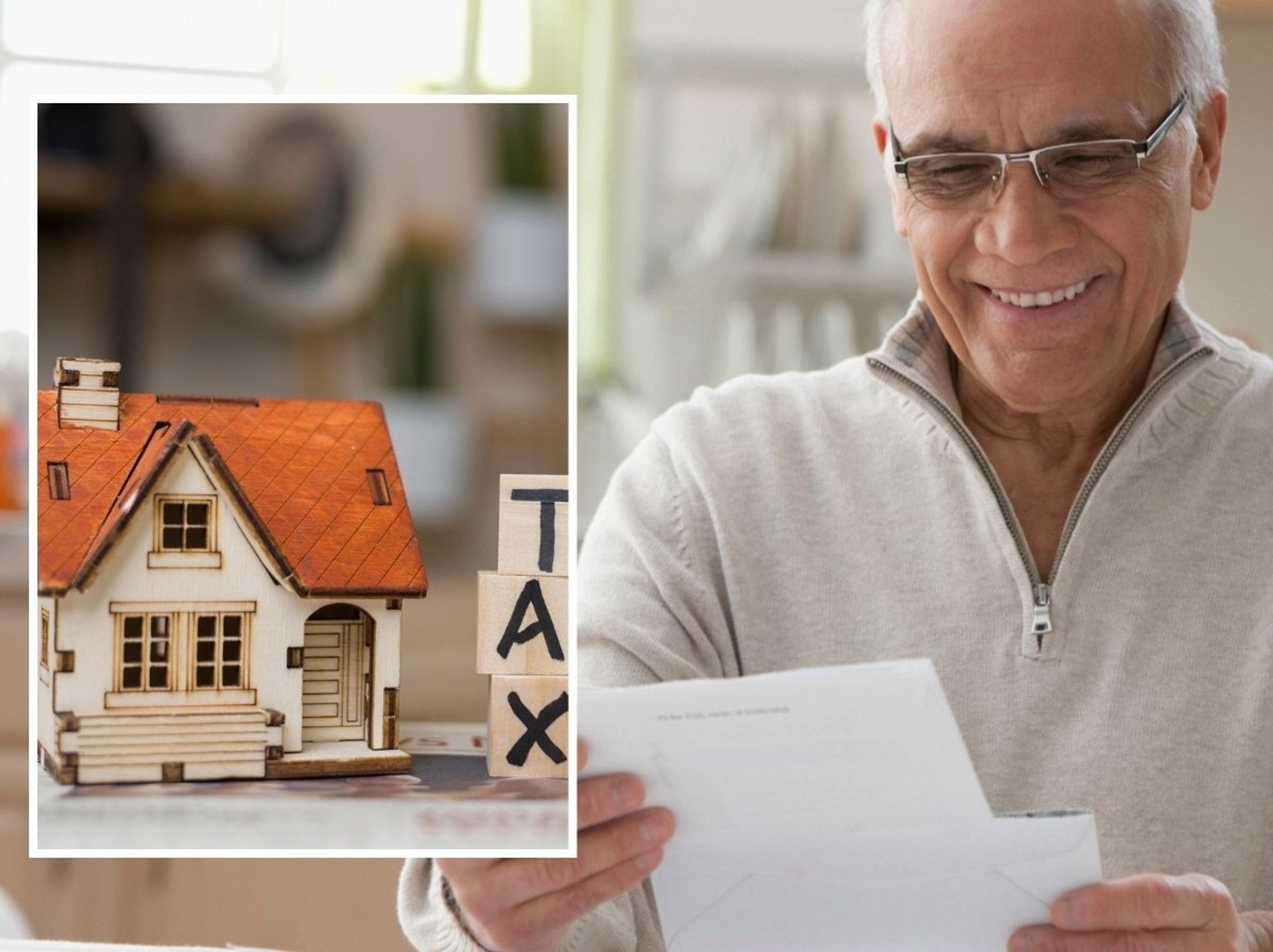 Man looking happy at financial statement and tax sign