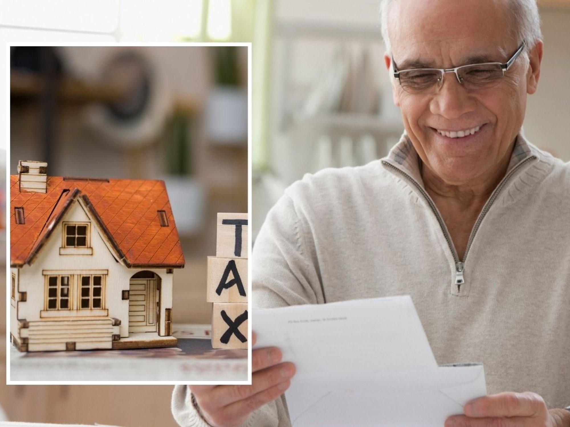 Man looking happy at financial statement and tax sign