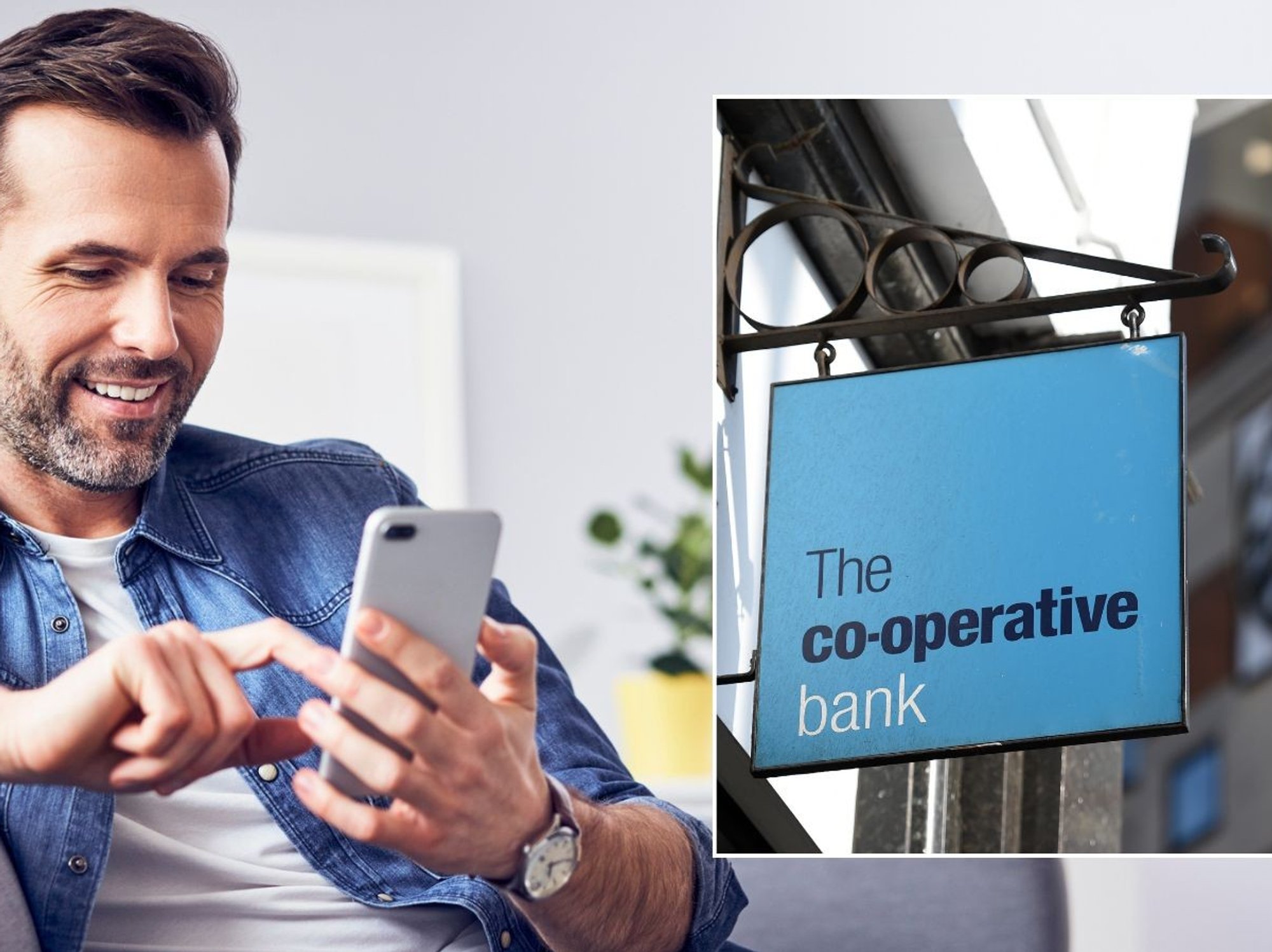 Man looking happy at phone and Co-operative Bank sign